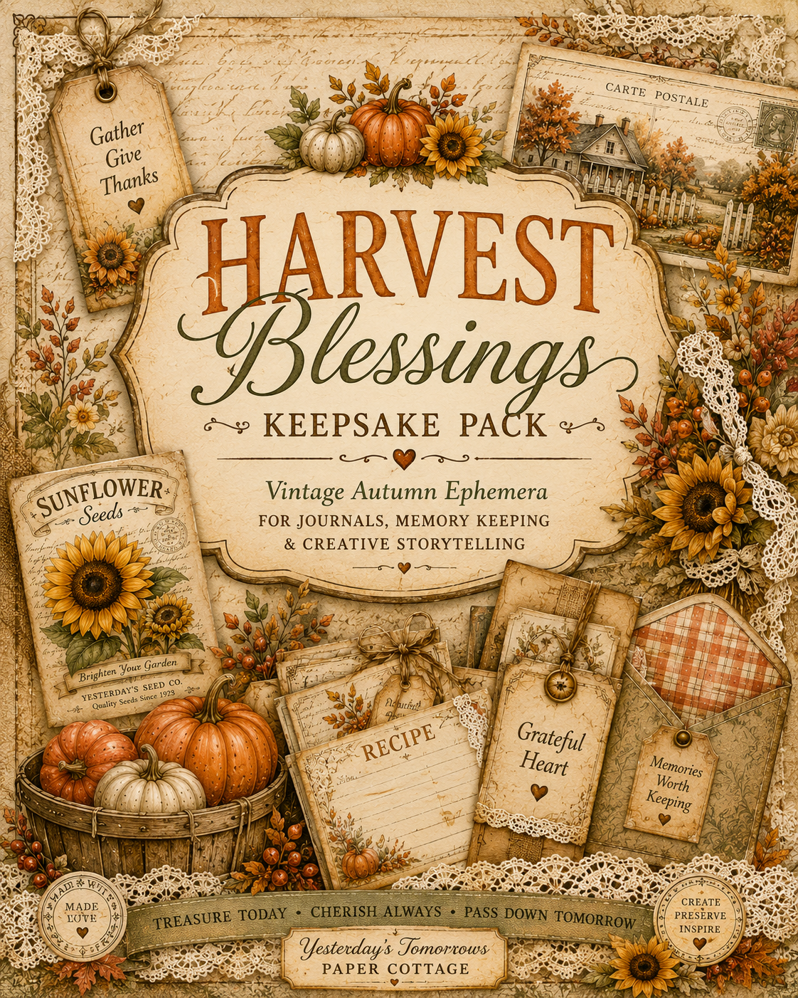 Harvest Blessings Keepsake Pack | Vintage Autumn Ephemera, Junk Journal Printables & Memory Keeping Kit