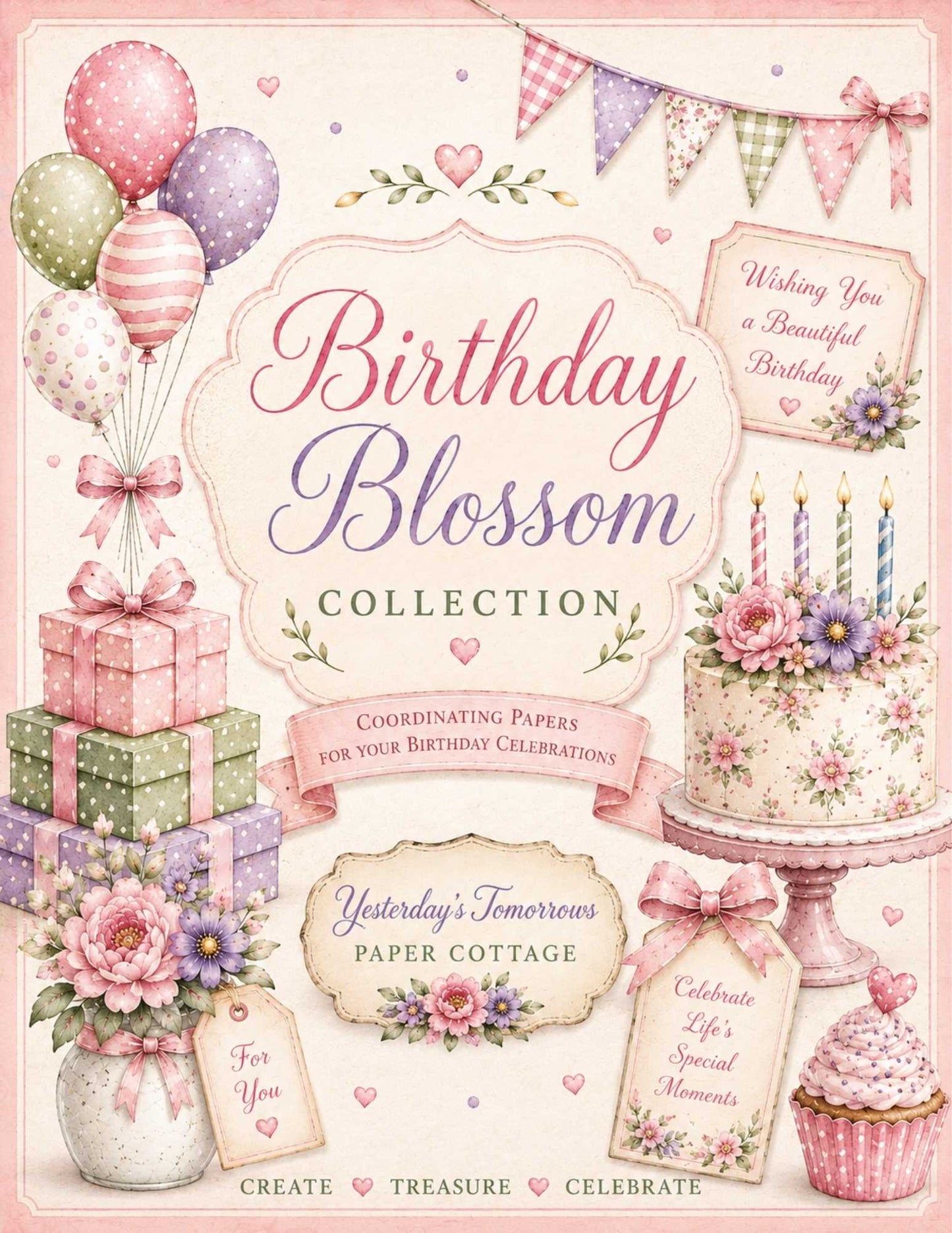 Birthday Blossom Collection | Birthday Scrapbook Paper Bundle | Pastel Watercolor Printable Papers | 8.5" x 11" Digital Download
