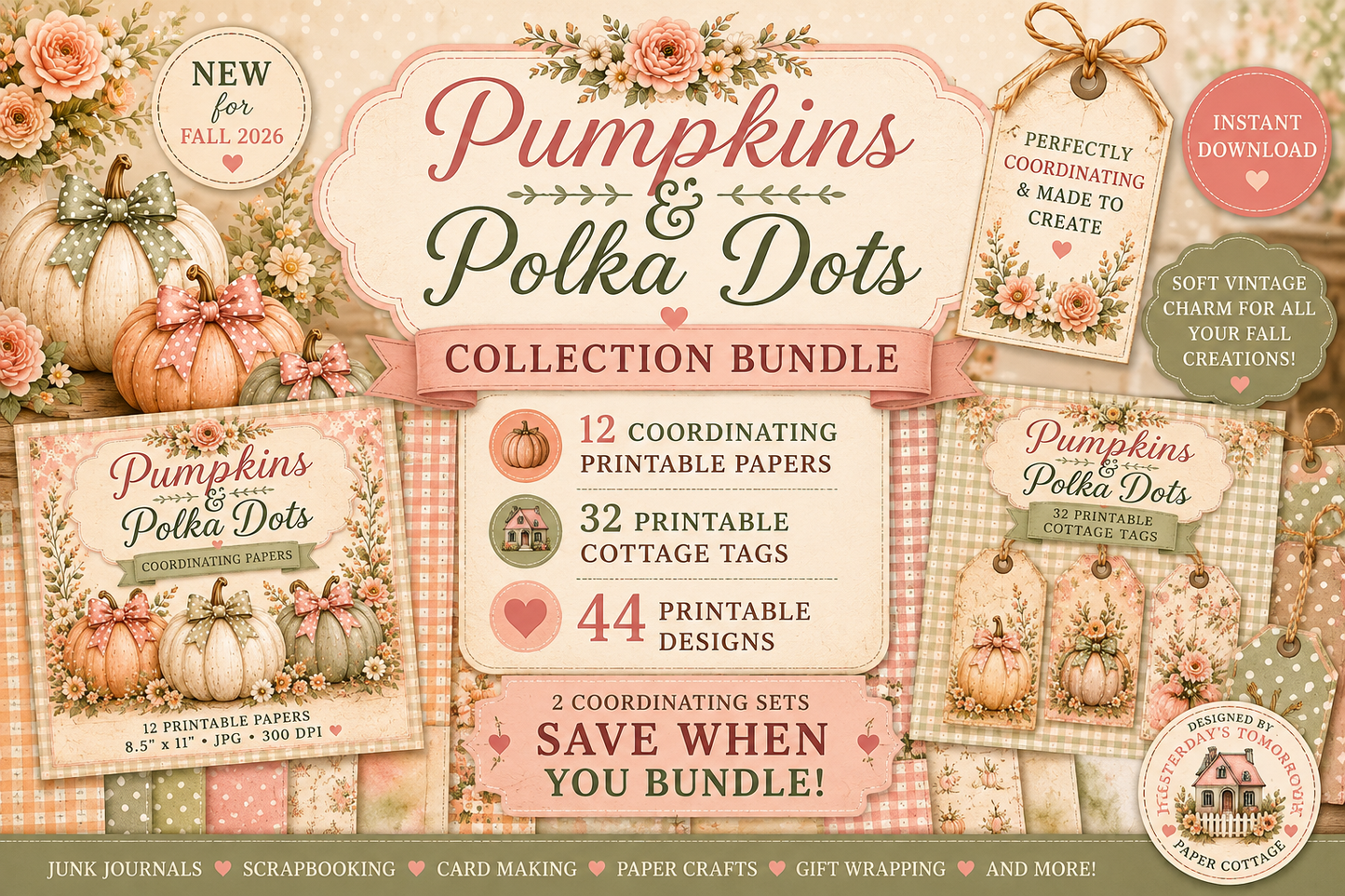 Pumpkins & Polka Dots Collection Bundle | Fall Printable Papers & Cottage Tags
