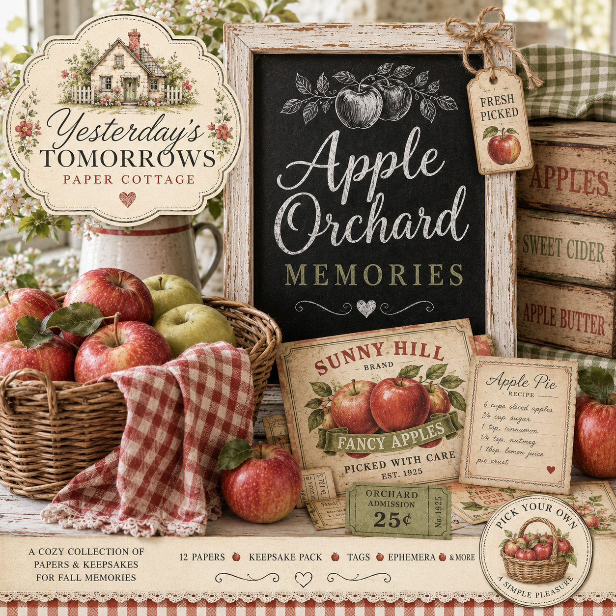 Apple Orchard Memories Printable Paper Bundle | 12 Vintage Fall Digital Papers with  | Junk Journal & Scrapbook Papers