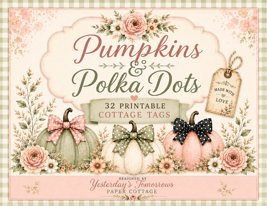 Pumpkins & Polka Dots Printable Cottage Tags | 32 Vintage Fall Gift Tags for Junk Journals & Paper Crafts