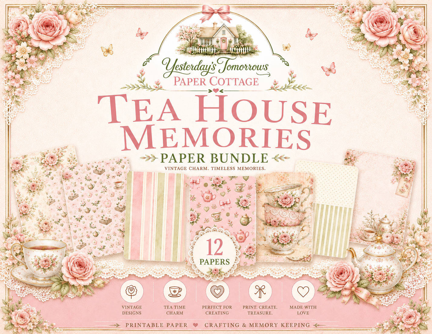 Tea House Memories Paper Bundle | Vintage Tea Party Printable Papers | Junk Journal & Scrapbooking Kit