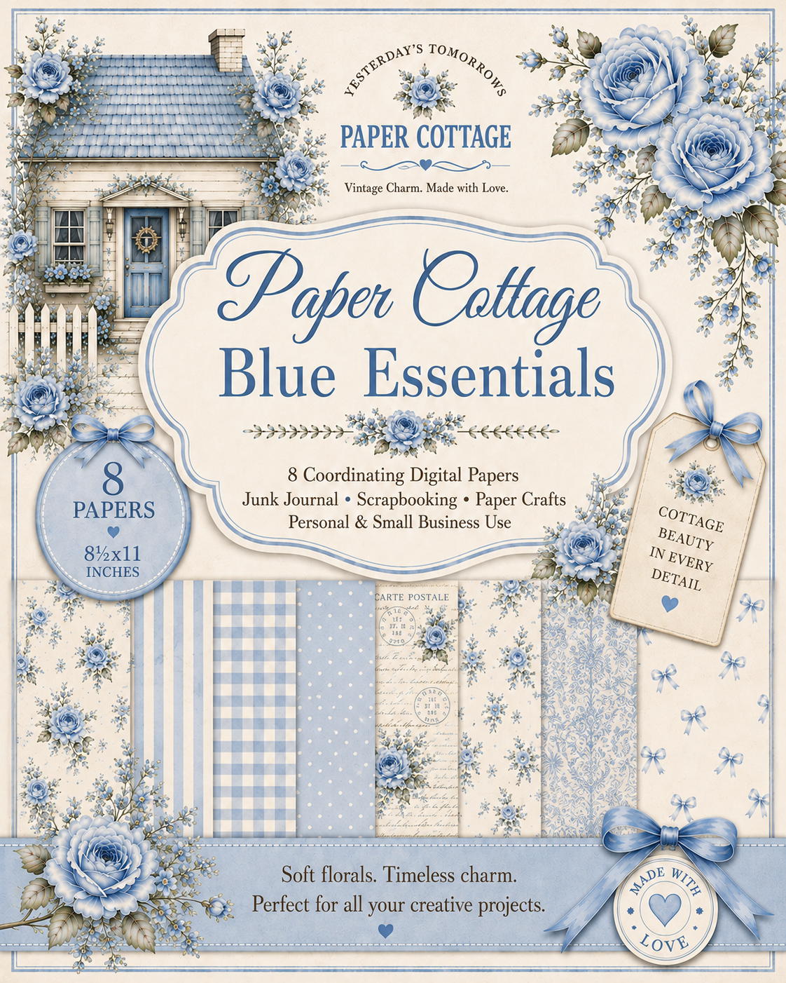 Paper Cottage Blue Essentials| 8 Printable Digital Papers