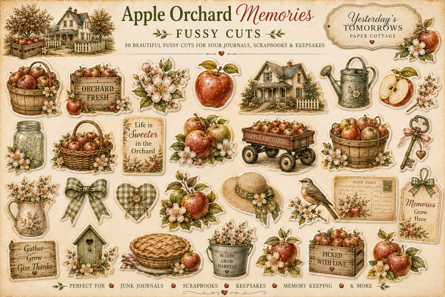 Apple Orchard Memories Keepsake Collection | 15+ Vintage Fall Printable Pages | Junk Journal, Scrapbook & Paper Craft kit