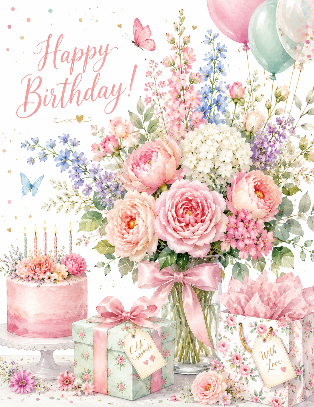 Birthday Blossom Collection | Birthday Scrapbook Paper Bundle | Pastel Watercolor Printable Papers | 8.5" x 11" Digital Download