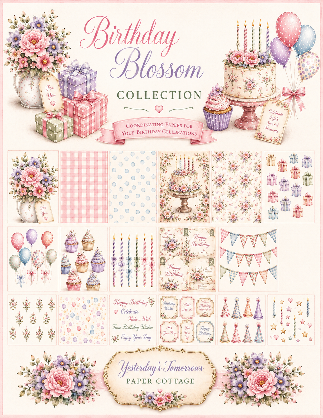 Birthday Blossom Collection | Birthday Scrapbook Paper Bundle | Pastel Watercolor Printable Papers | 8.5" x 11" Digital Download