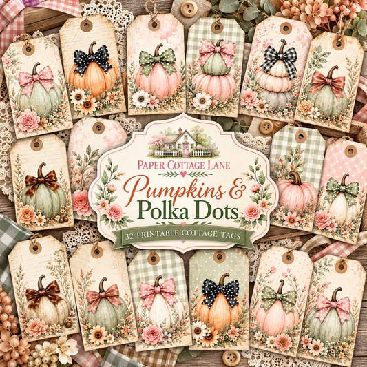 Pumpkins & Polka Dots Printable Cottage Tags | 32 Vintage Fall Gift Tags for Junk Journals & Paper Crafts