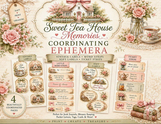 Sweet Tea House Memories Coordinating Ephemera Collection | Vintage Printable Labels, Tickets & Word Strips