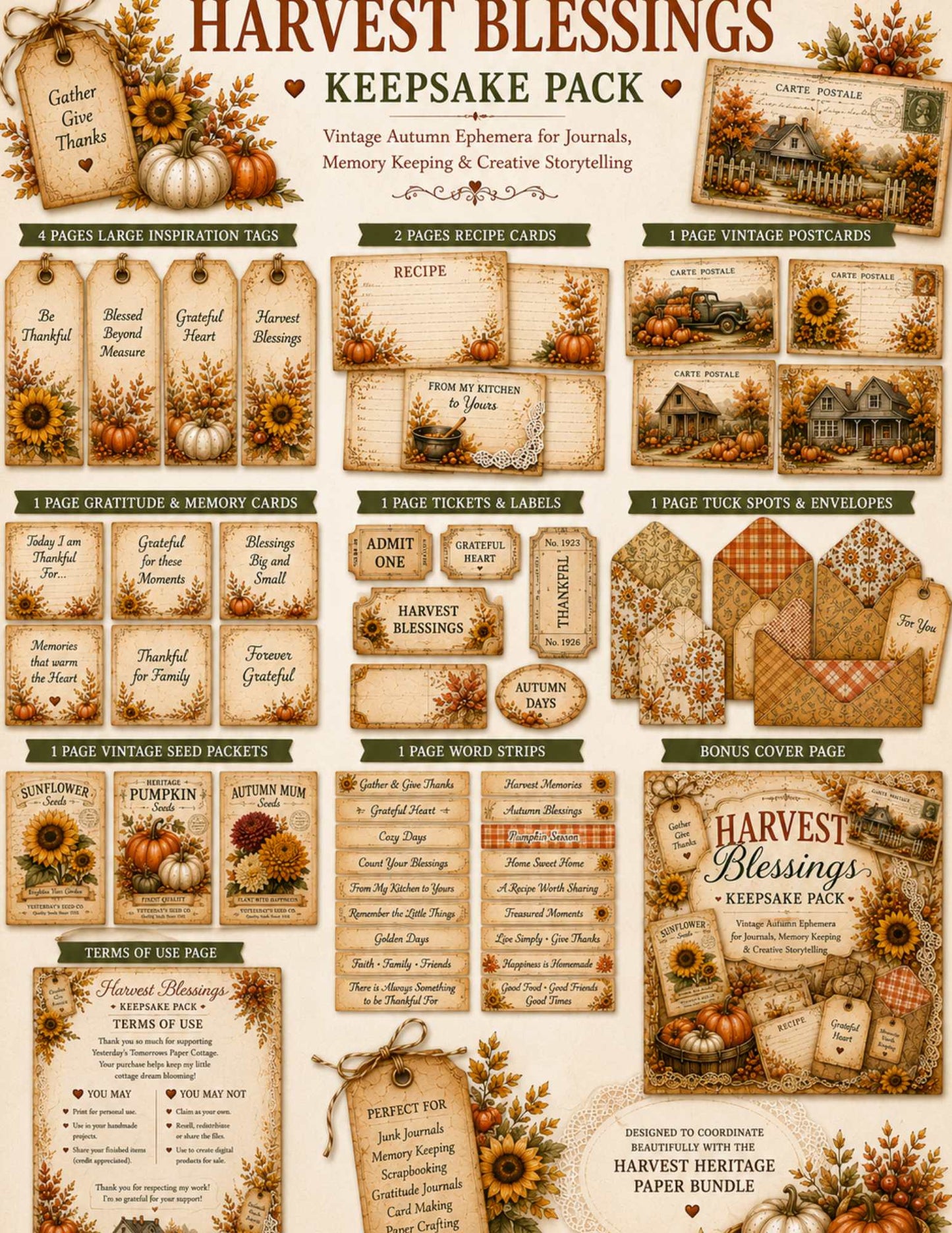 Harvest Blessings Keepsake Pack | Vintage Autumn Ephemera, Junk Journal Printables & Memory Keeping Kit
