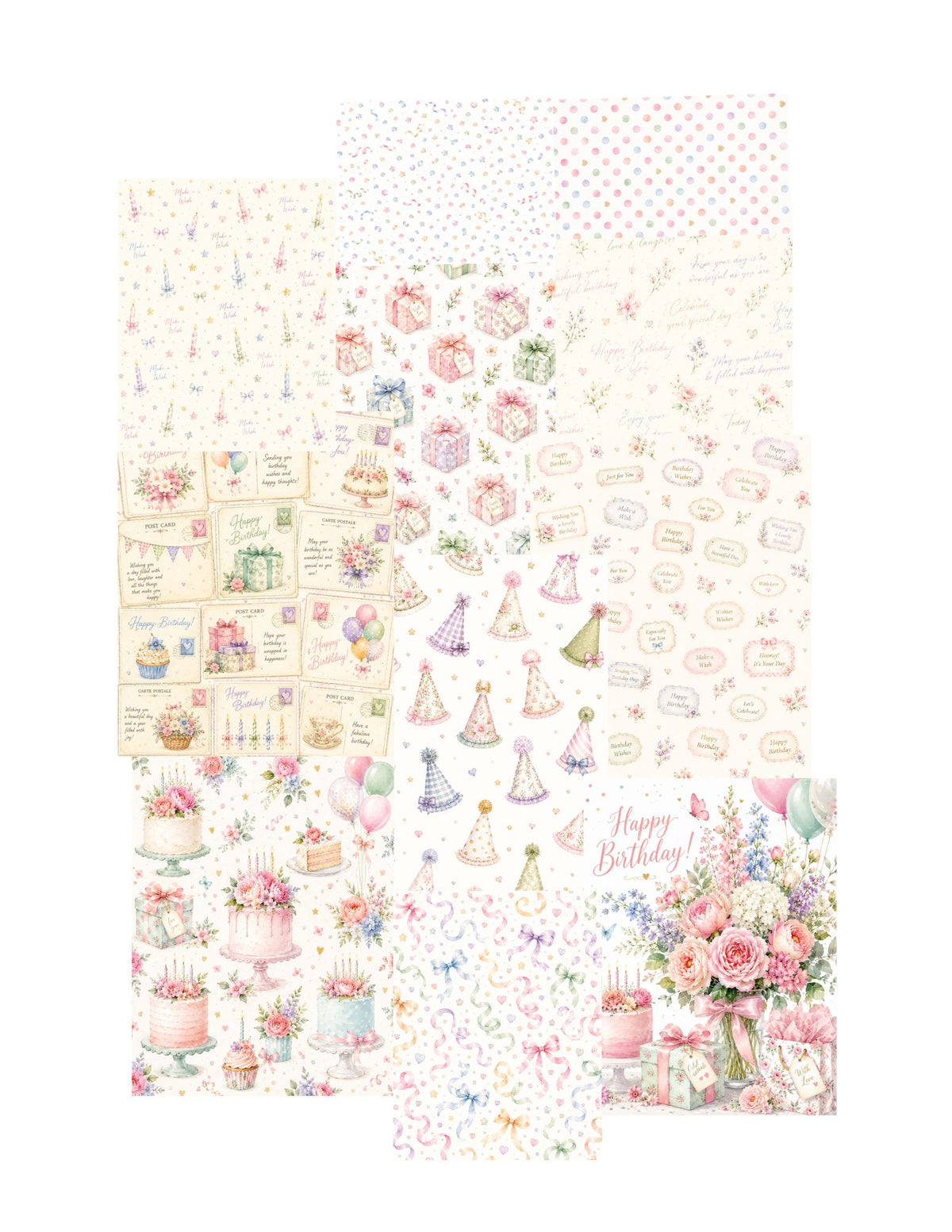 Birthday Blossom Collection | Birthday Scrapbook Paper Bundle | Pastel Watercolor Printable Papers | 8.5" x 11" Digital Download