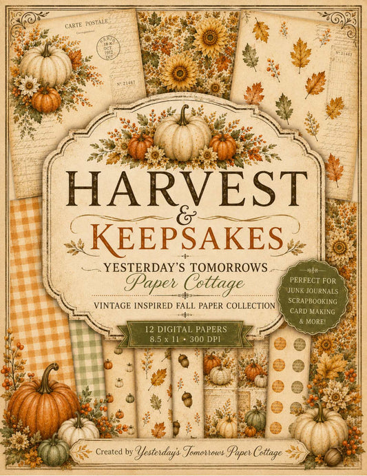 Harvest & Keepsakes Fall Digital Paper Bundle | Vintage Autumn Junk Journal Papers | 12 Printable Pages