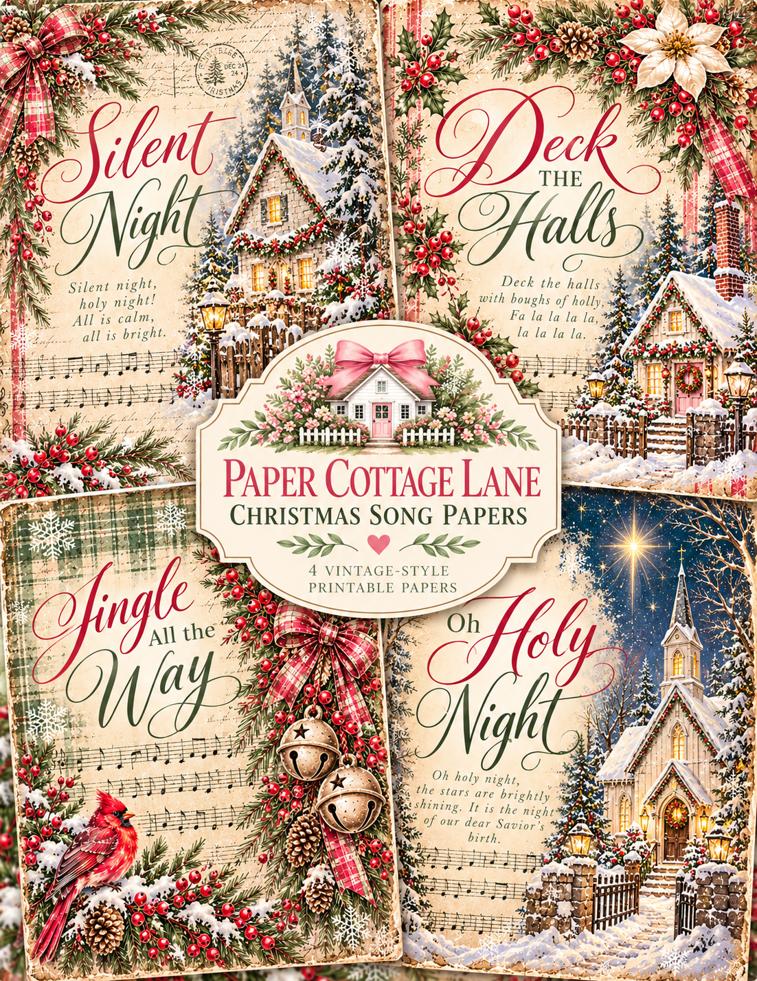 Vintage Christmas Song Papers | 4 Printable Christmas Music Papers | Junk Journaling & Decoupage