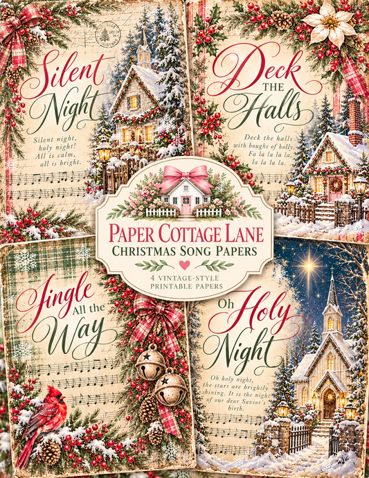 Vintage Christmas Song Papers | 4 Printable Christmas Music Papers | Junk Journaling & Decoupage